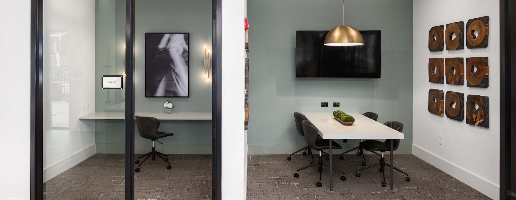 rooms with tables, chairs and a tv